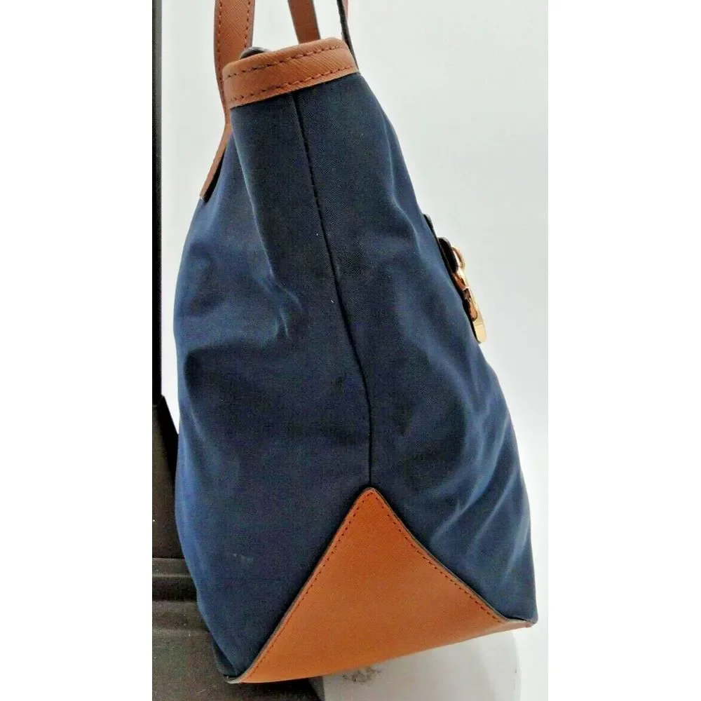 Michael Kors Kempton Nylon Satchel Tote Purse Shoulder Bag in‎ Navy and Brown